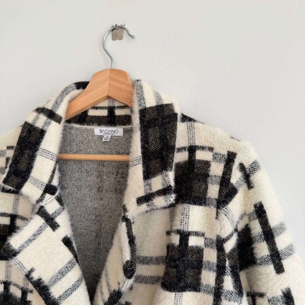 Baciano Plaid Pattern Double-Breasted Mid-Length Teddy Boucle Coat Black White M - Picture 6 of 9